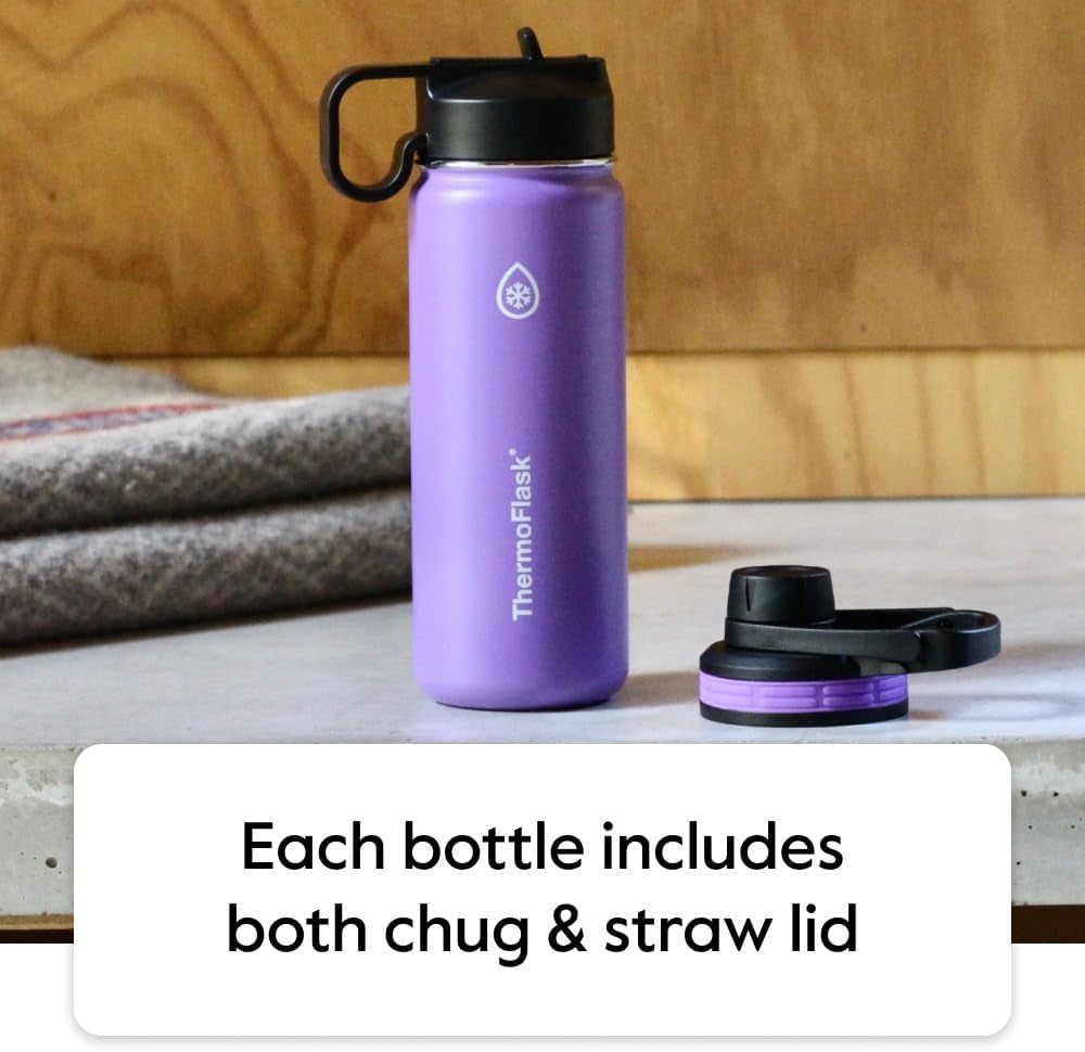 18 Oz Double Wall Vacuum Insulated Stainless Steel Water Bottle - Reusable with Leakproof Chug & Straw Lids - Keeps Drinks Cold 24 Hr/Hot 12 Hr - Easy Maintenance - Gym/On-The-Go, White