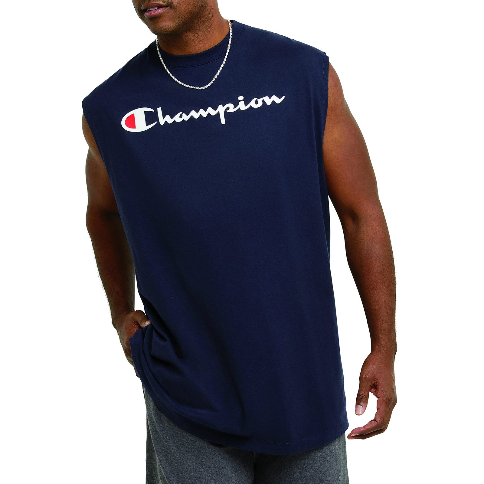 Men'S Classic Script Logo Muscle Tank Shirt Standard Fit Soft Cotton Navy