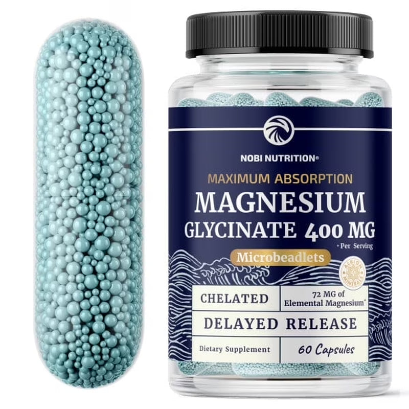 Magnesium Glycinate Supplement | Advanced Microbeadlets Chelated for Maximum Absorption | 400Mg Magnesium Bisglycinate Powder for Women & Men | 60 Ct