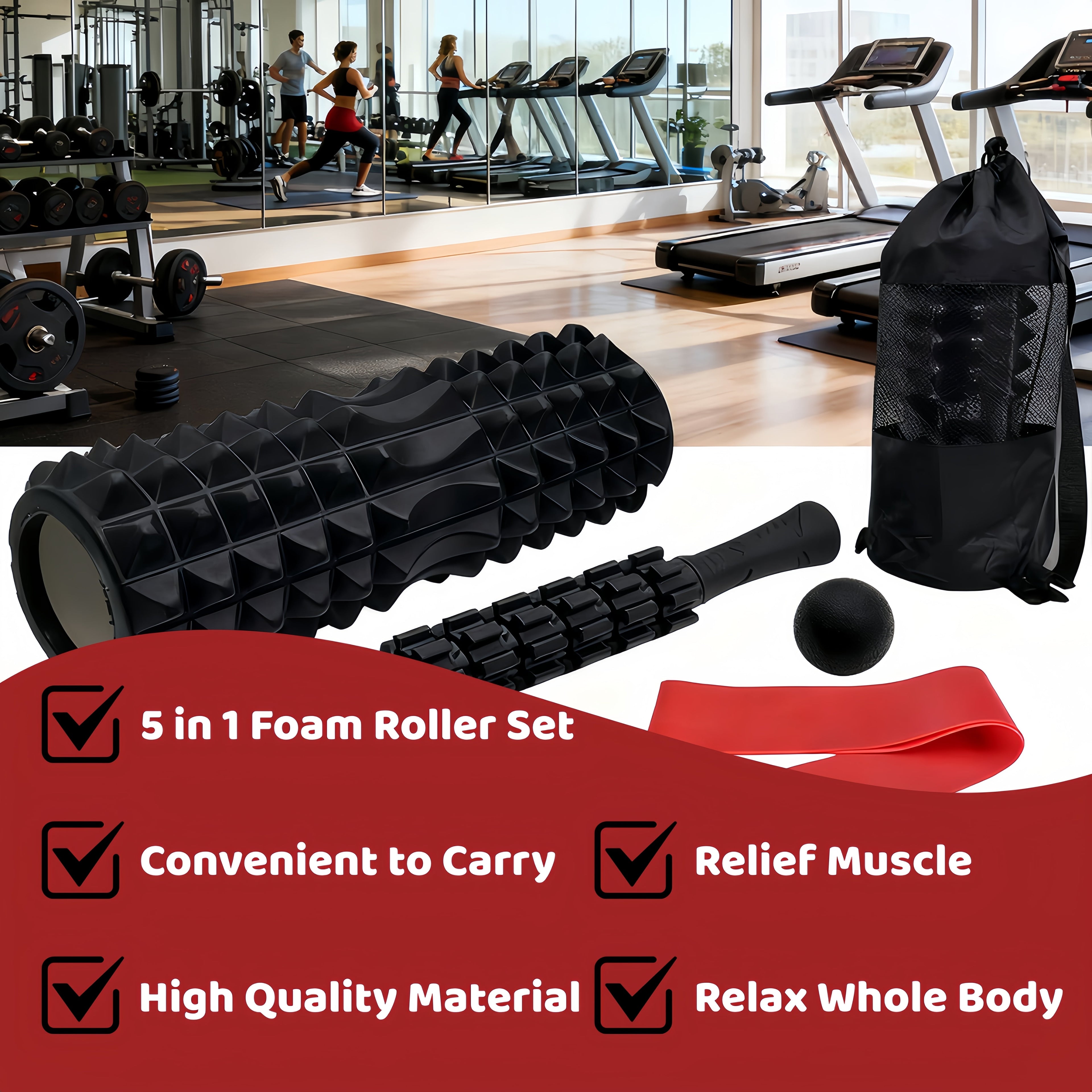 High Density 5-In-1 Black Exercise Foam Roller Set for Deep Tissue Muscle Massage, Whole Body