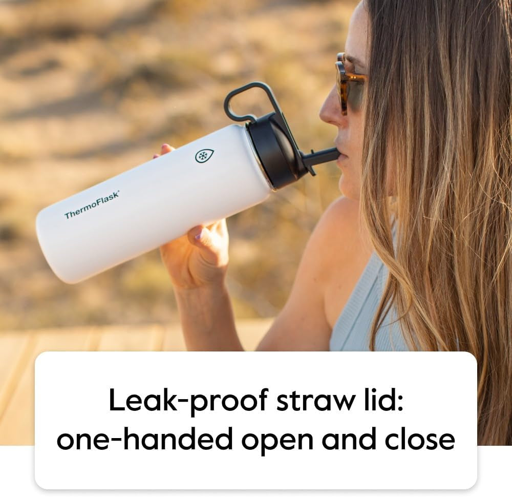 18 Oz Double Wall Vacuum Insulated Stainless Steel Water Bottle - Reusable with Leakproof Chug & Straw Lids - Keeps Drinks Cold 24 Hr/Hot 12 Hr - Easy Maintenance - Gym/On-The-Go, White