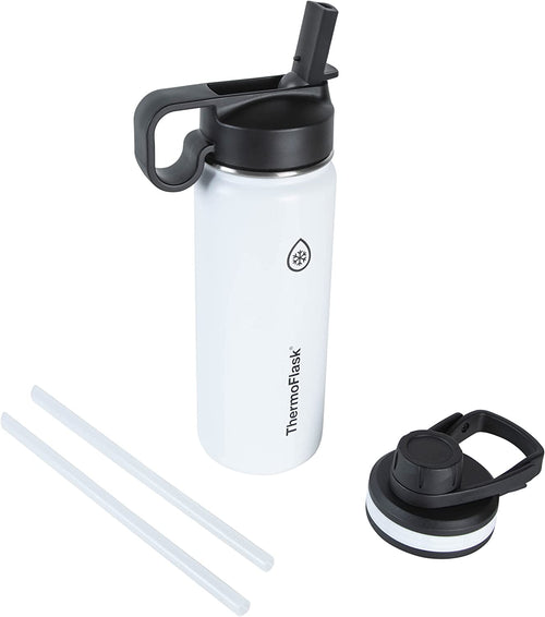 18 Oz Double Wall Vacuum Insulated Stainless Steel Water Bottle - Reusable with Leakproof Chug & Straw Lids - Keeps Drinks Cold 24 Hr/Hot 12 Hr - Easy Maintenance - Gym/On-The-Go, White