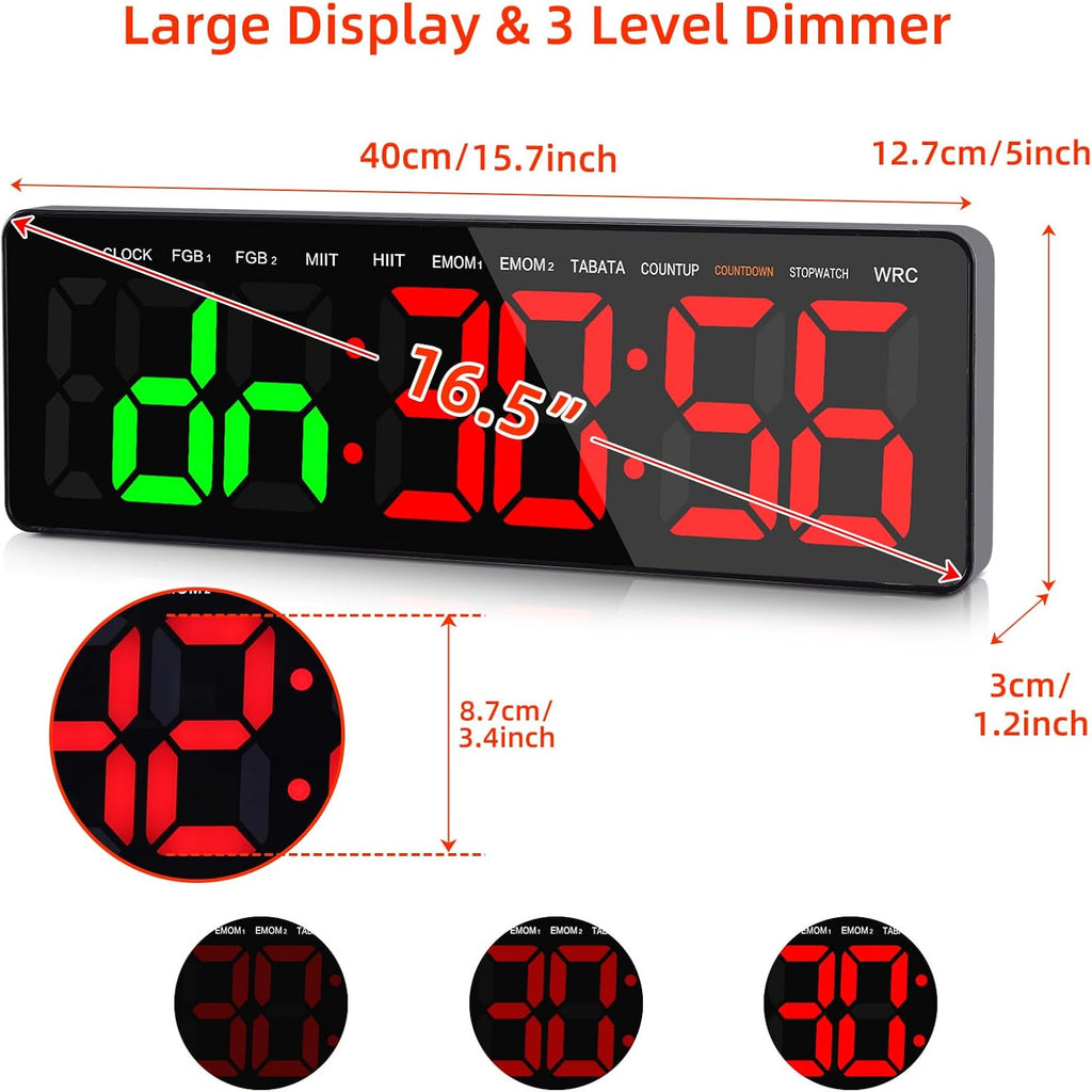 Gym Timer, 16.5" Large Digital Wall Clock for Gym Interval Workout, Remote Control LED Digital Timer for Home Decor, Living Room, Office, Gym, Classroom