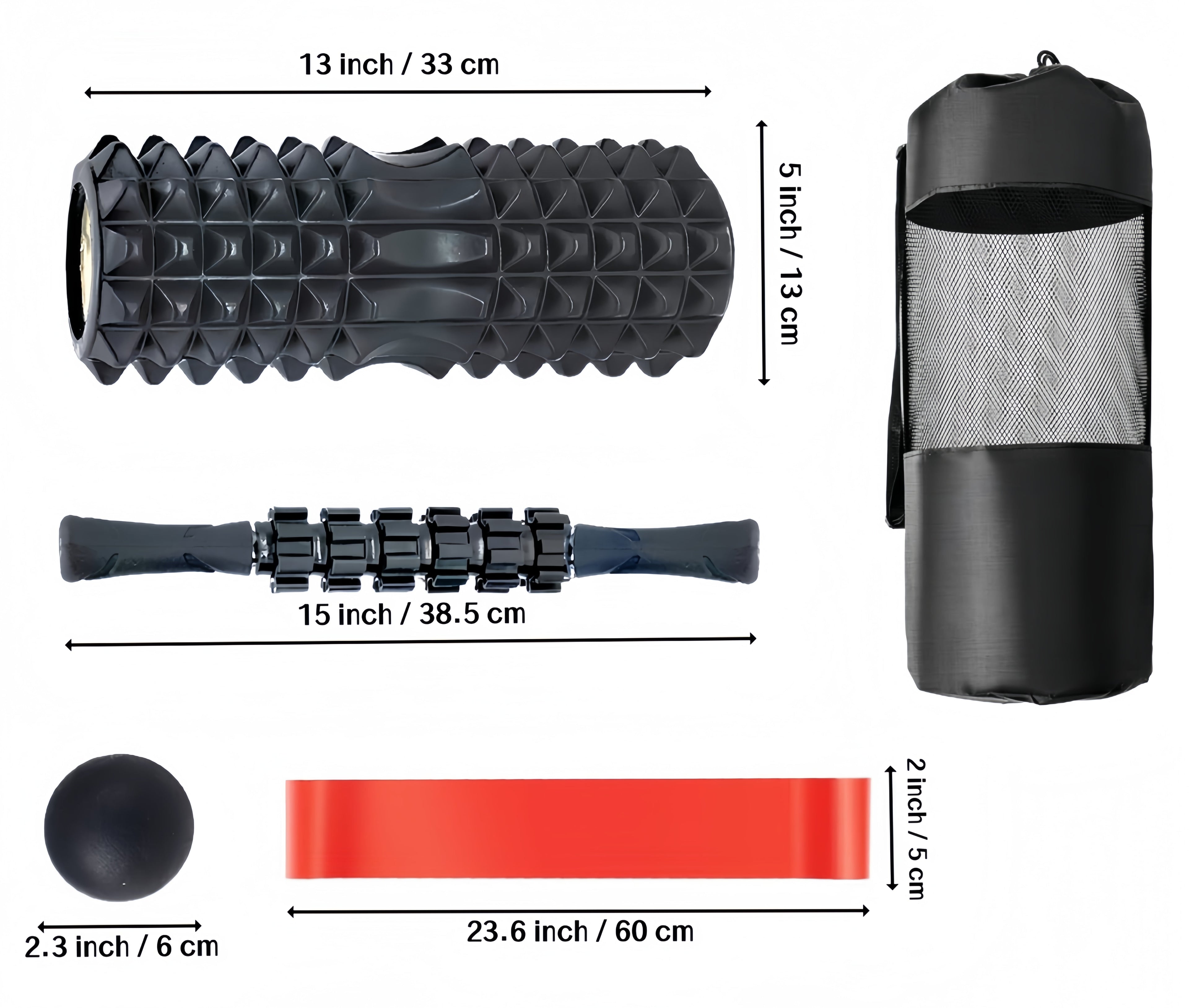 High Density 5-In-1 Black Exercise Foam Roller Set for Deep Tissue Muscle Massage, Whole Body