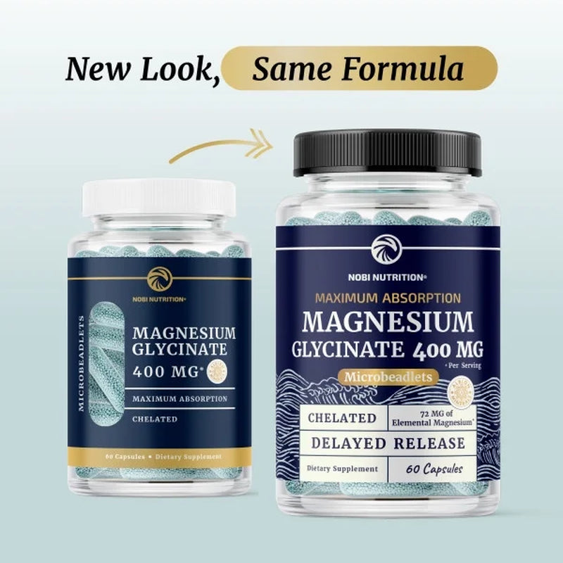 Magnesium Glycinate Supplement | Advanced Microbeadlets Chelated for Maximum Absorption | 400Mg Magnesium Bisglycinate Powder for Women & Men | 60 Ct