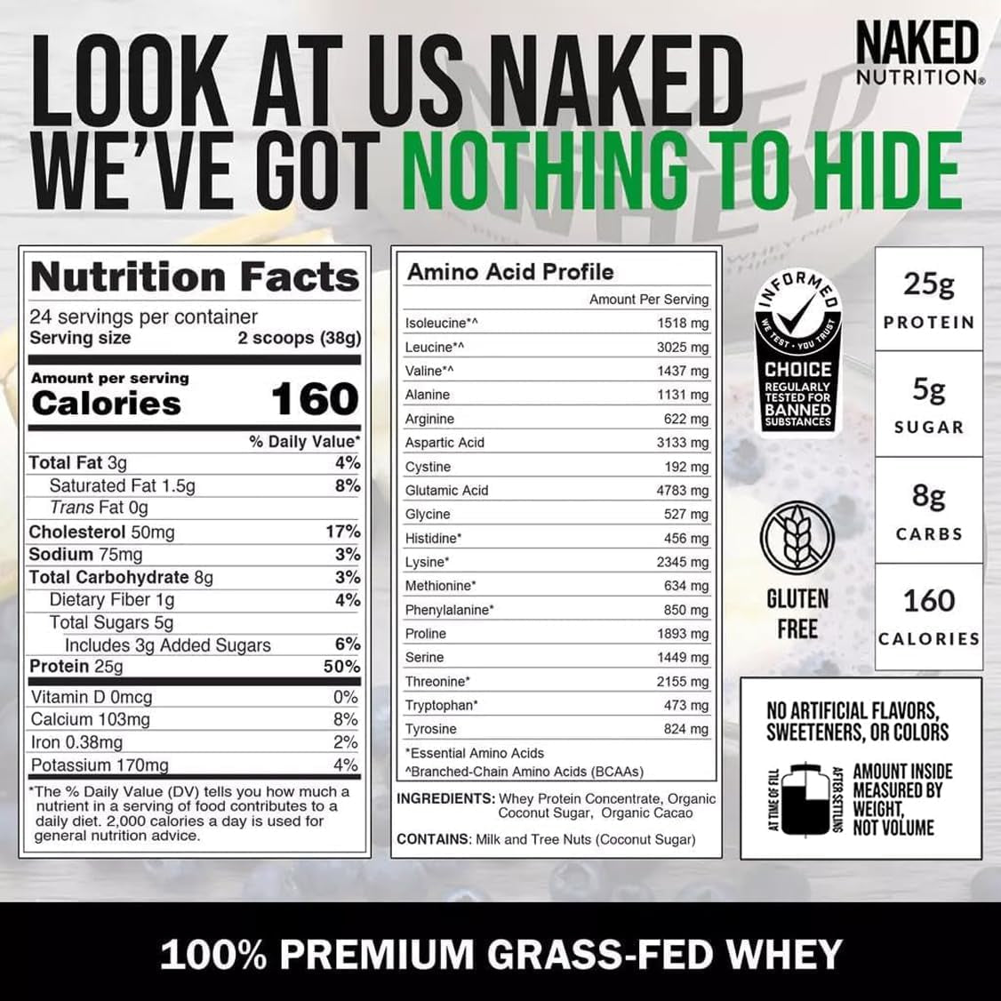 Naked Whey Chocolate Protein Powder - Only 3 Ingredients - Grass Fed Whey Protei
