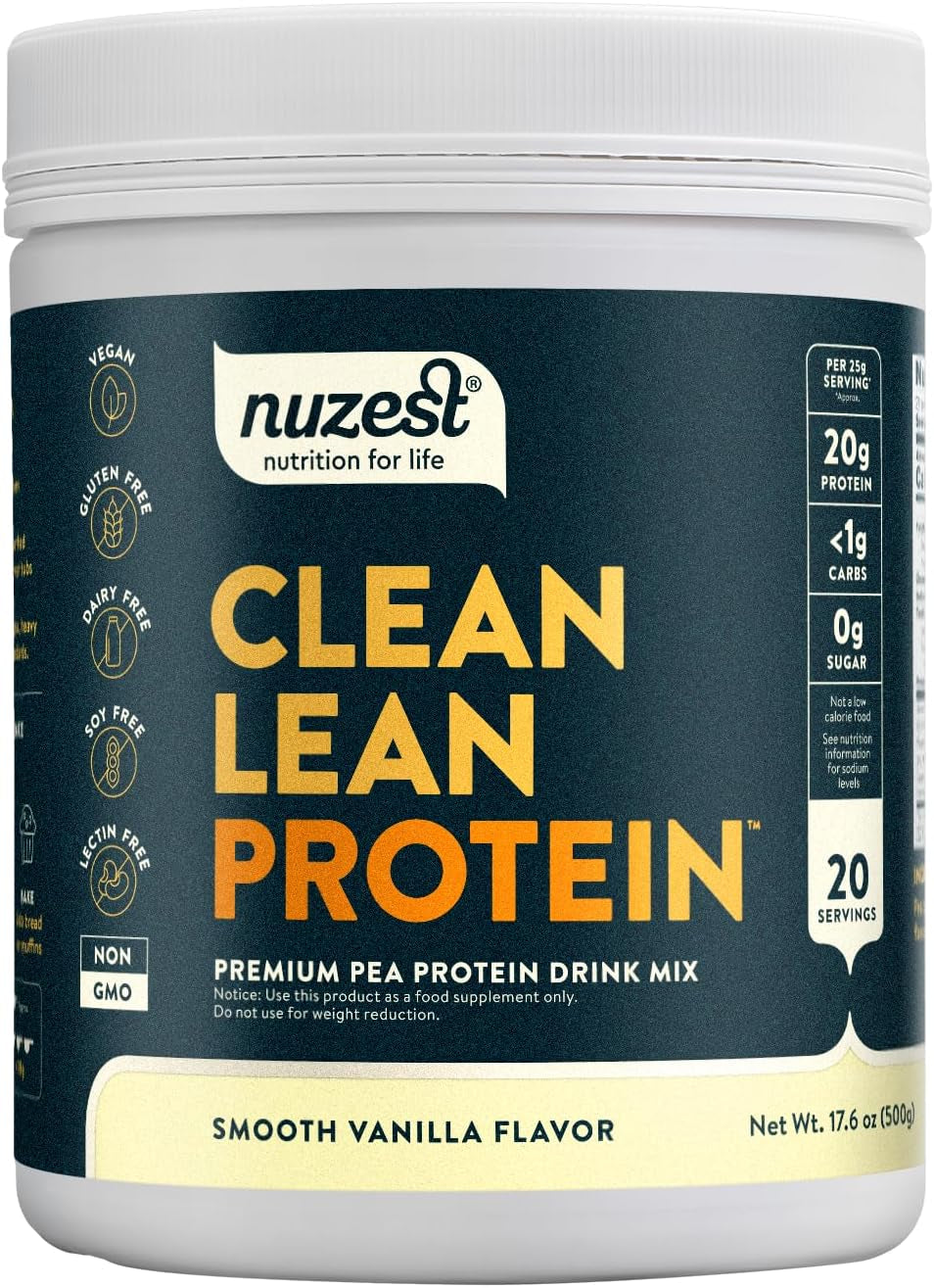 - Pea Protein Powder - Clean Lean Protein, Premium Vegan Plant Based, Dairy Free, Gluten Free, GMO Free, Naturally Sweetened Protein Shake, Smooth Vanilla, 20 Servings, 1.1 Lb