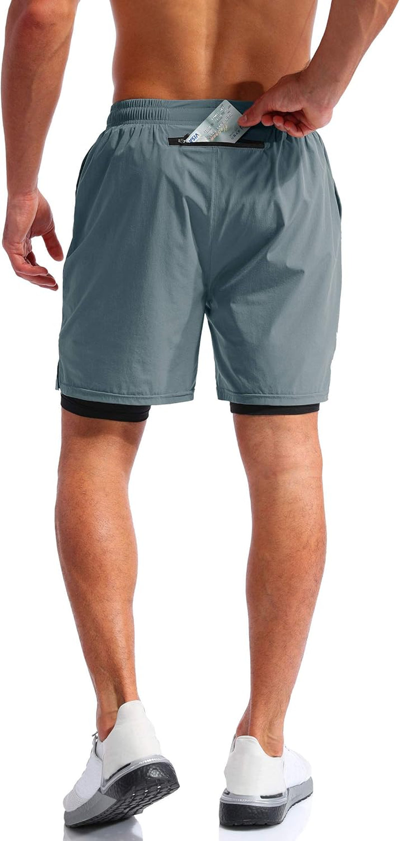 Men’S 2 in 1 Running Shorts 5" Quick Dry Gym Athletic Workout Shorts for Men with Phone Pockets